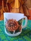 Vintage Glasbake Milk Glass Mug Orange Zinnia "Language of Flowers" Friend Flora