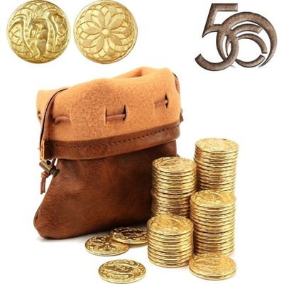 Goldmünzen Set 50 Stück & Ledertasche für DND, Brettspiele, Fantasy, Tabletop