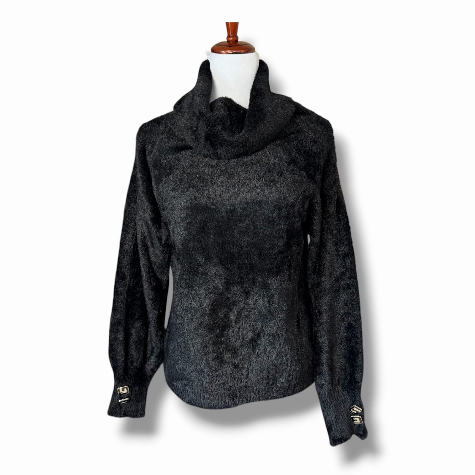Gaelle Paris Size 1 Black Mock Neck Eyelash Knit Fuzzy Pullover Sweater Buttons