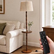 Real Wood Floor Lamp with Built-in Tray, Remote Control, Adjustable Brightness
