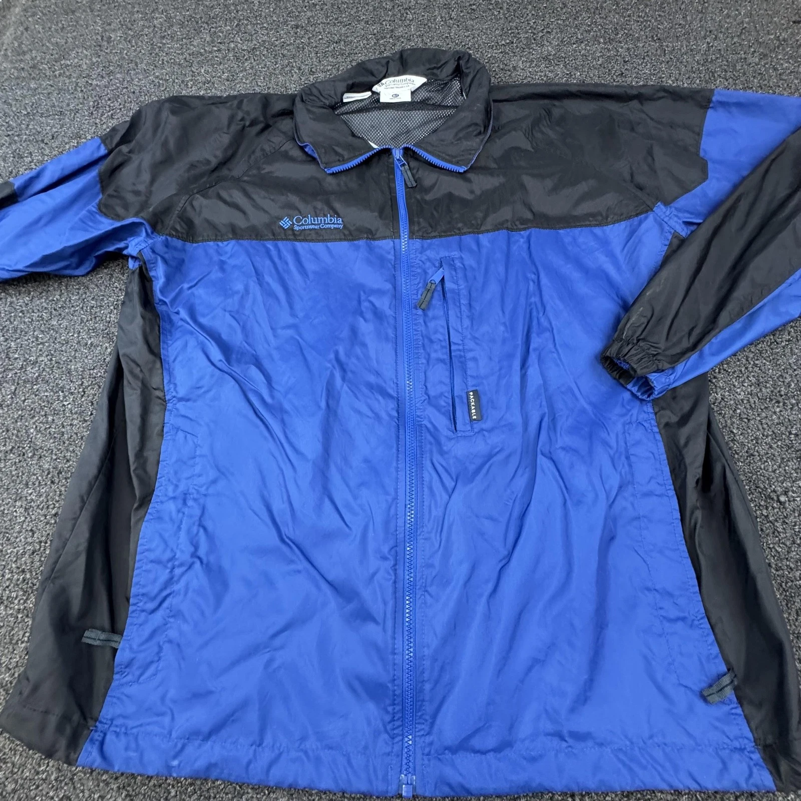 Columbia Jacket Mens XLT Blue Black Packable Windbreaker Full Zip Lightweight