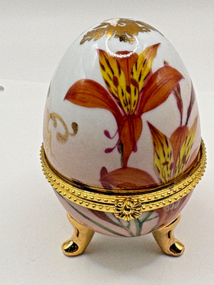 Egg Shaped Floral Decorative Hinged Trinket Box & Gold Legs