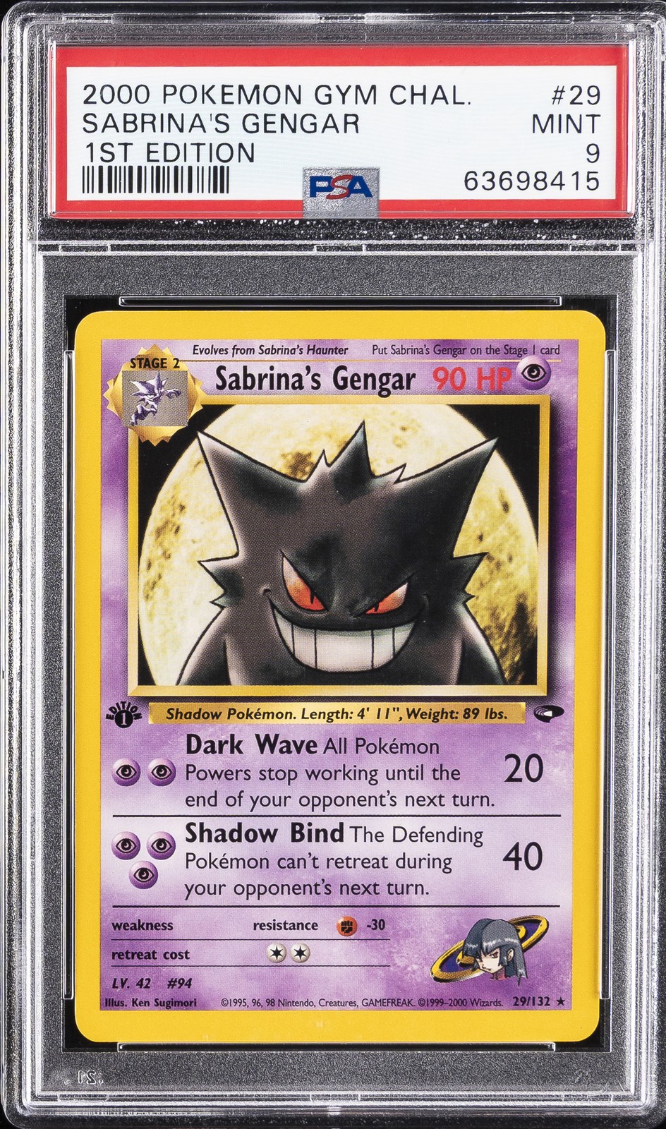 2000 POKEMON GYM CHALLENGE 1ST EDITION #29 SABRINA'S GENGAR PSA 9