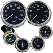 6 Gauge Set Smith Style Kmh Speedo Tach Temp Oil Amp Fuel Black Chrome 12v