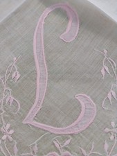 Vgt L Monogram Pink Applique  Embroidery White Batiste Hankie Handkerchief