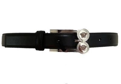 NWT Versace Silver Double Medusa Logo Coin Black Leather Belt