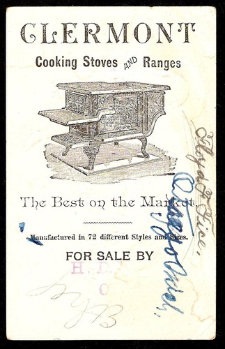 VTC Girl FLOWERS Wood Fence CLERMONT STOVE RANGE Victorian Trade Card OTSEGO MI - Picture 2 of 2