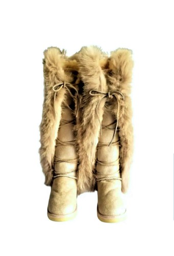 MOU Tall Winter Boots Stone Metallic Sheepskin Fur Trim Lace Up Sz 36 XS US 5 - Picture 2 of 12