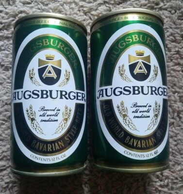 2 Vintage Green AUGSBURGER EMPTY BEER CANS - CRIMPED STEEL - 