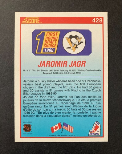 JAROMIR JAGR PENGUINS 1990-91 SCORE BILINGUAL ROOKIE RC CARD #428 - #033124C - Picture 2 of 2