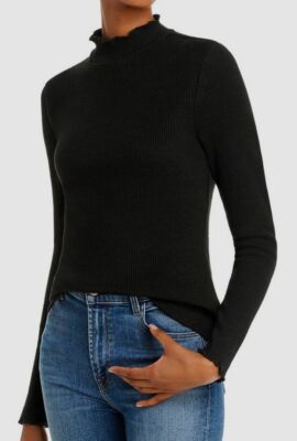 $199 Lost and Wander Women Black Stretch Mock-Neck Long-Sleeve Ribbed Top Size S