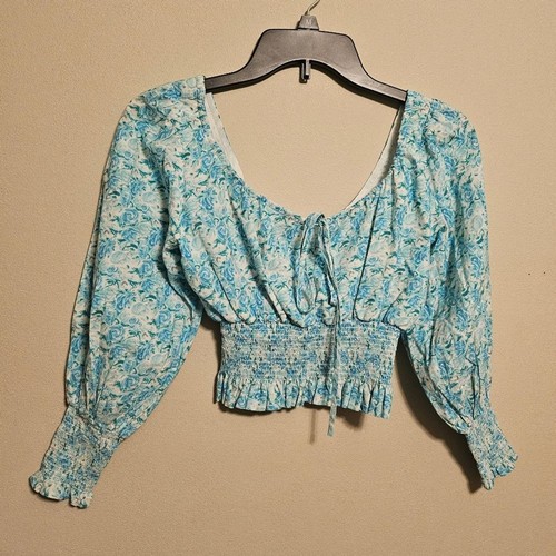 RIXO London Helena Smocked Crop Top Long Sleeve Blue and White Floral XXS - Picture 1 of 7