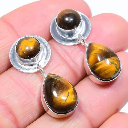 Tiger's Eye Gemstone Handmade 925 Sterling Silver Jewelry Stud Earring Size 1.10