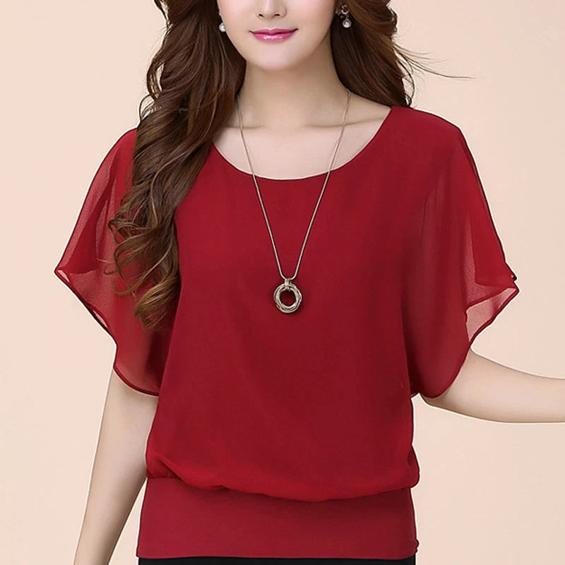 Womens Chiffon Short Sleeve Blouse T-Shirts Loose Batwing Solid Tops Summer New - Image 4 of 4