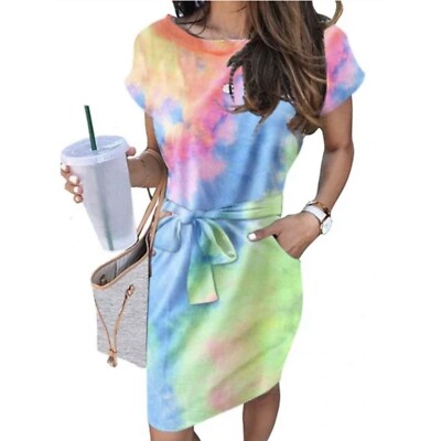 Merokeety Casual Tie Dye Soft Jersey Front Tie Knee Length Dress with  Pockets M | eBay