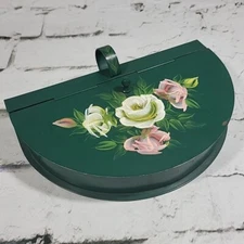 Vintage Toleware Hand Painted Silent Butler Crumb Catcher Green Tin With Roses 