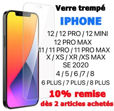 Vitre protection verre trempe pour iPhone écran protecteur 13 12 11 X XR 6 7 8 - Photo 1/4