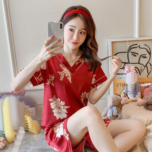 Damen Seide Satin Pyjama Set Kurzarm Nachtwäsche V-Ausschnitt Homewear 2-teilig Pyjama - Bild 57 von 60