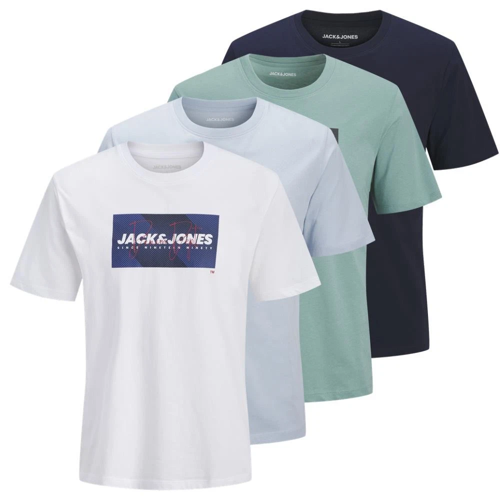Jack & Jones 4 Pack Mens Crew Neck Short Sleeve T Shirts Logo Printed Casual Tee
