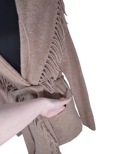 360 Cashmere Alissa Tan Wool Cashmere Blend Fringe Belted Cardigan Sz M Boho - Picture 3 of 7