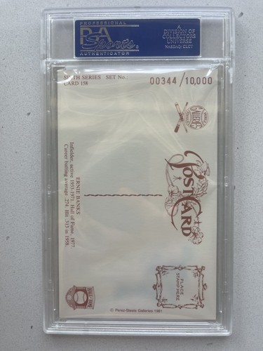 ERNIE BANKS PSA/DNA SIGNED 1981 PEREZ STEELE #158 POST CARD HOF CHICAGO CUBS - Picture 2 of 2