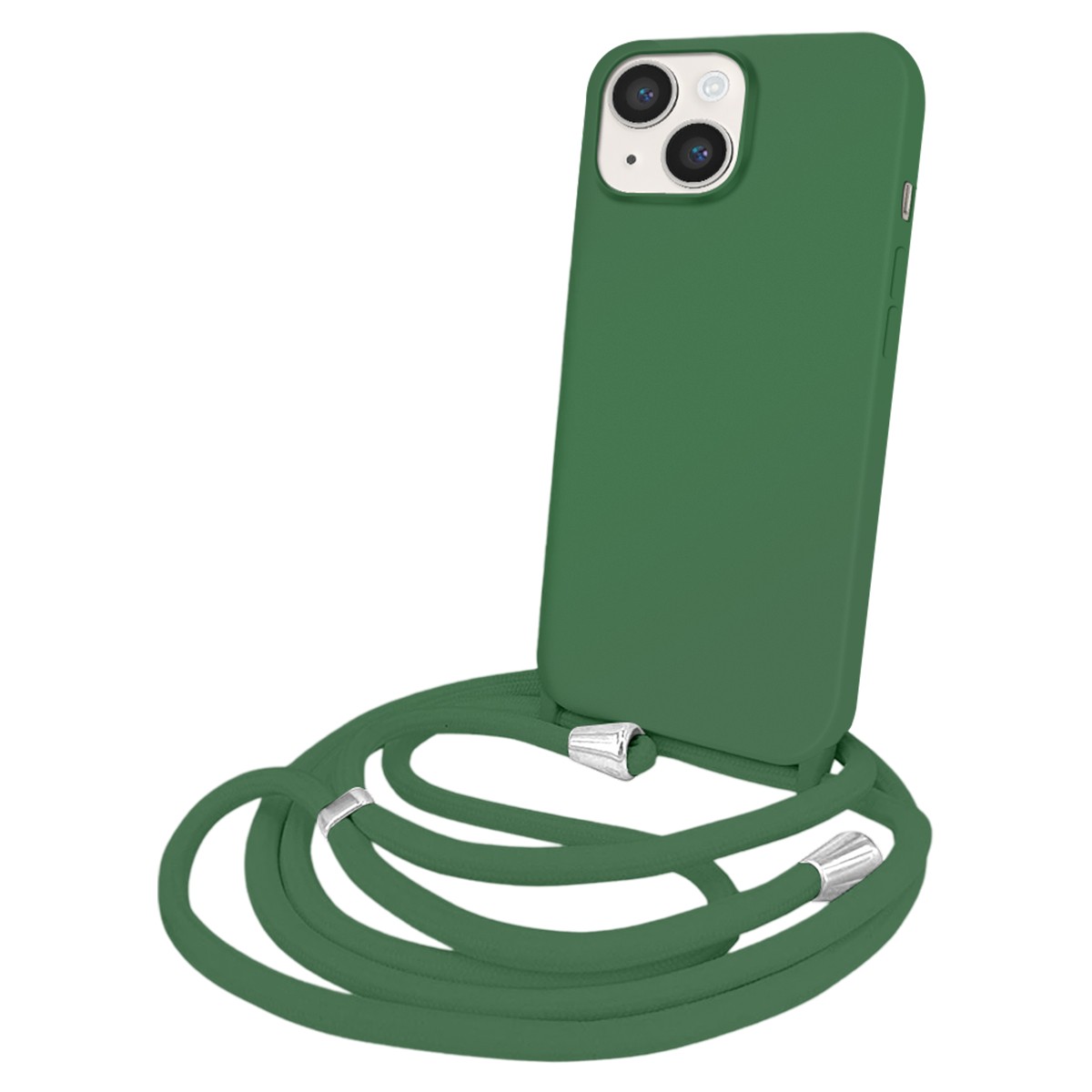 Coque iPhone 14 antichoc TPU couleur dentelle kaki étui de protection cordon de cou ajustable