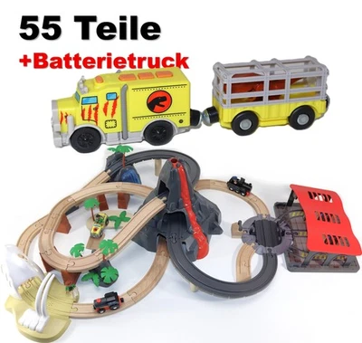 QMBASIC Holz Eisenbahn Set Vulkan mit Dino Truck Batterie Zug Schienen Zubehör Kinder
