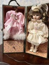 Cracker Barrel Porcelain Doll in Wood Travel Case Trunk Box Latch Girl Curls