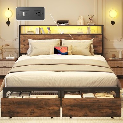 Full Queen Metal Platform Bed Frame with Storage 2 Drawers ＆Charging,LED Light