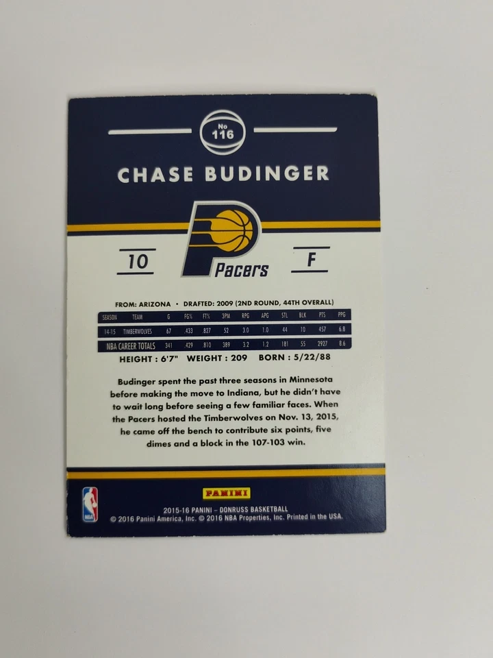 2015-16 Donruss #116 Chase Budinger Indiana Pacers - Image 4 of 4