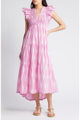 Saylor Almina Smocked Tiered Midi Dress Split-Neck Size Large Pink