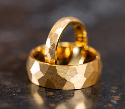 18k Gold Tungsten Ring with Brushed Texture and Hammered Finish