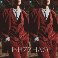 Red Corduroy Men's Suits Leisure Wedding Groom Tuxedos Tailoring Three Pieces