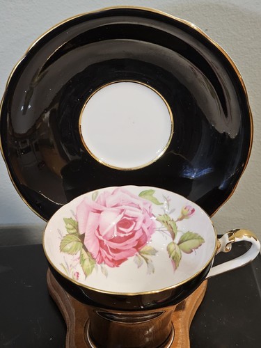 JUEGO DE TAZA Y PLATILLO DE TÉ AYNSLEY Negro con Dorado con ROSA COL ROSA - Imagen 2 de 7