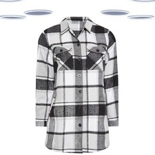 Ex Women's Plus Size Shacket Grey Check Print Long Sleeve Cotton