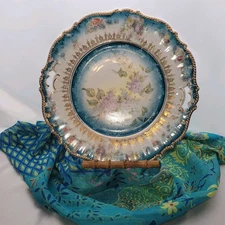 Antique RS Prussia China Serving Plate Handles Floral Motif Teal White Gold EUC 