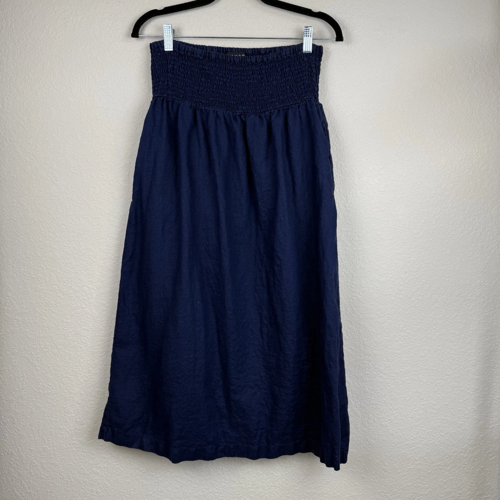 Tahari Maxi Pleated Linen Skirt Smocked Elastic Waist Pockets Pull On Sz XL