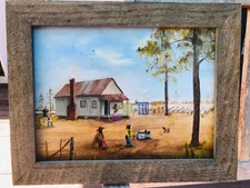 1992 Outsider Folk Art Oil Painting Sharecropper Cabin Black American Family