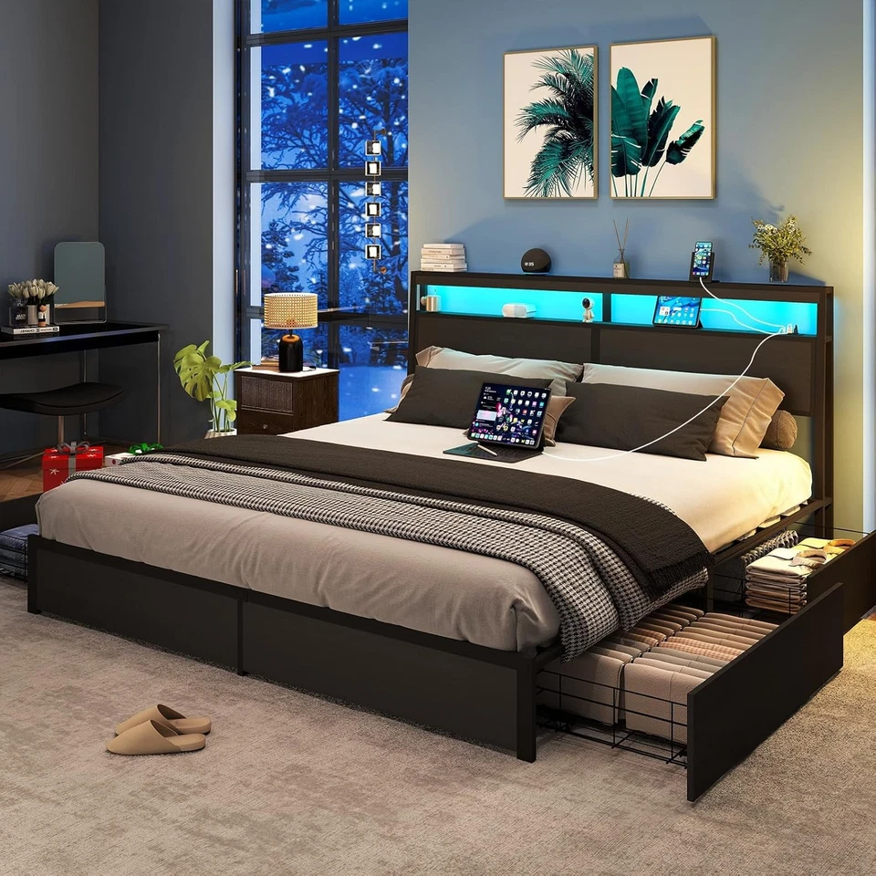 King Size LED Bed Frame with Storage Headboard and 4 Drawers Charging Station - Image 4 of 4