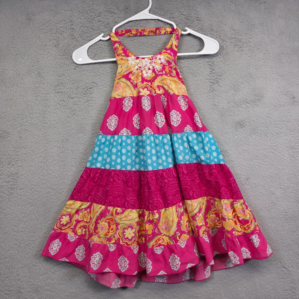 Girls Dress 6 Pink Halter Tiered Patchwork Boho Photoshot Wedding Guest Beach - Image 3 of 4