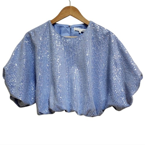 Endless Rose Top Women M Blue Sequin Crop Bubble Hem Puff Sleeve Party Sparkle - Bild 1 von 10