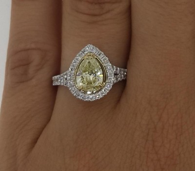 2.65 Ct Fancy Yellow Pave Halo Pear Cut Diamond Ring VVS1 Canary