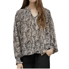 Grade & Gather SMOCKED SHOULDER DITSY CHIFFON BLOUSE Size Small Oversized Gray