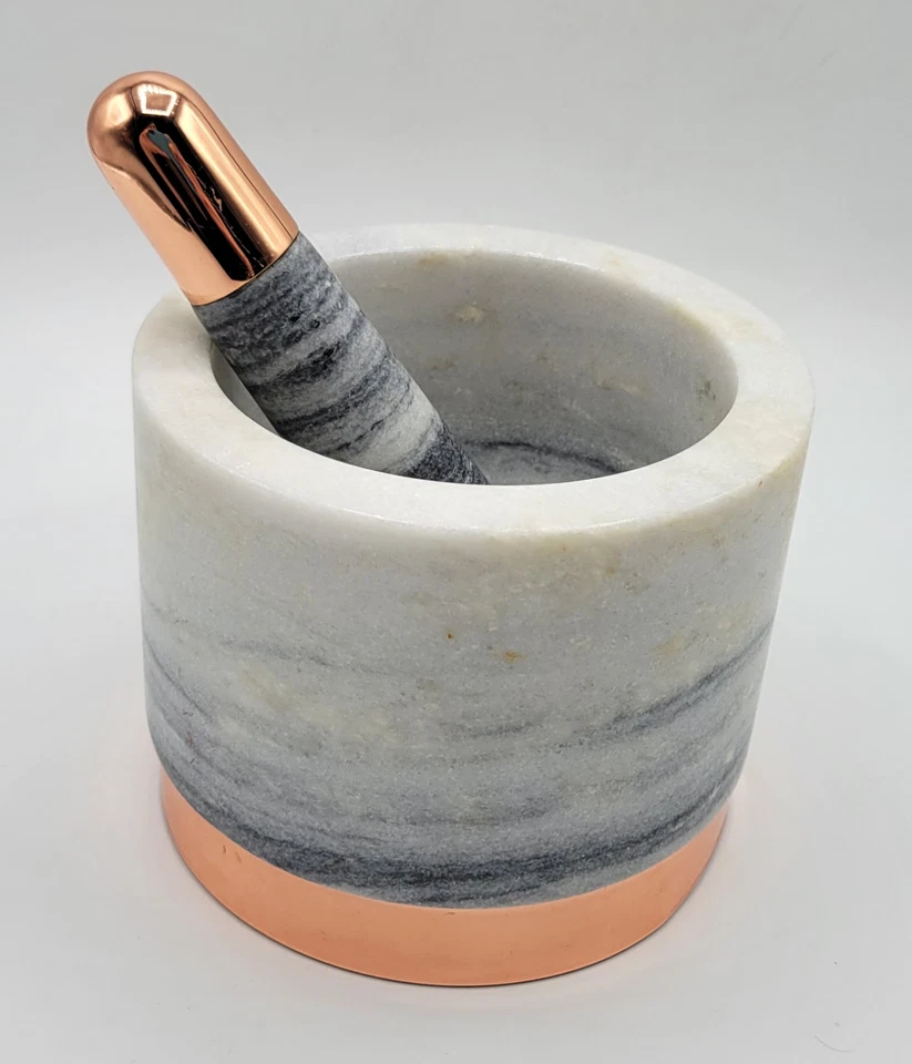 Mortero y mazo grande gris piedra mármol roca y metal tono oro rosa 4" de alto Foto 2 de 4