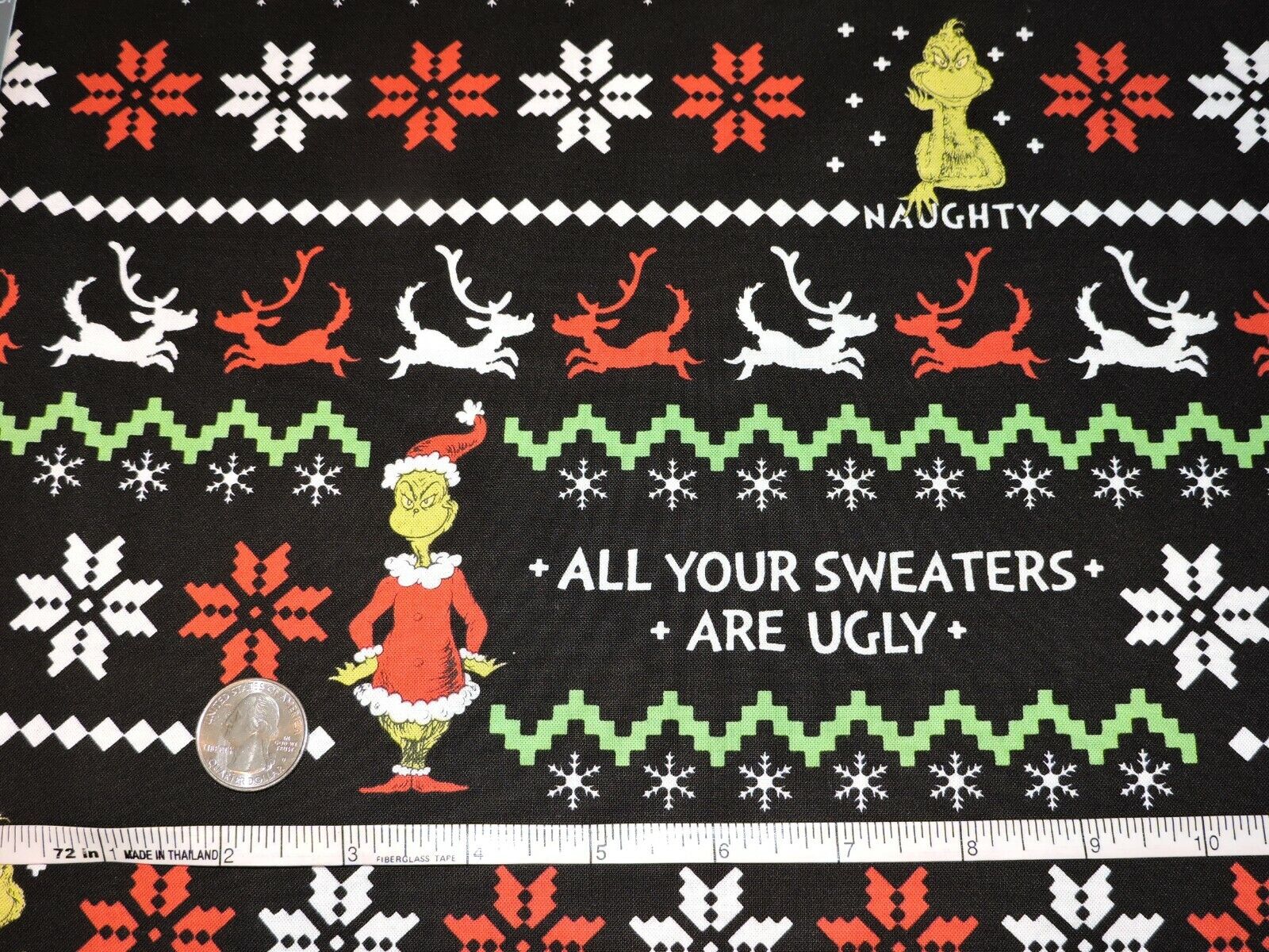 Grinch Ugly Sweater Christmas Dr. Seuss Robert Kaufman Cotton Fabric 1/2 Yard
