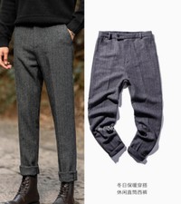 Men's Tweed Pants Vintage Herringbone Trousers Wool Blended Straight Leg British