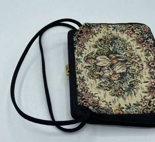 Vintage Tapestry Handbag Double Black Satin Handles Attached Satin Change Purse - Picture 3 of 11