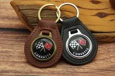 NEW RARE VINTAGE 70s BLACK CHEVY CORVETTE RACE FLAGS Leather Key Chain Ring Fob