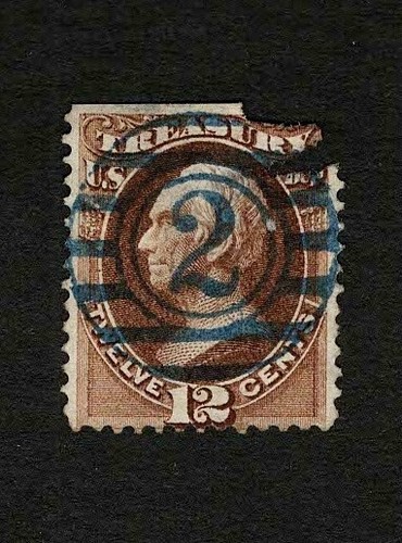 US 1873 #O78 Brown 12c Treasury Dept Official Striking Cancel Corner Fault Used - Picture 2 of 3