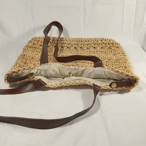 Jacqueline Ferrar Woven Straw Bucket Bag Beach Purse Leather Straps Fabric Lined - Picture 8 of 13